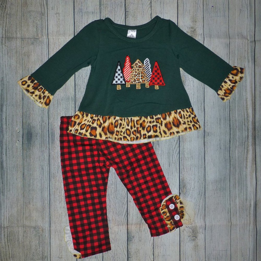 Boutique Leopard Print Christmas Tree Ruffle Tunic & Leggings Girls Outfit